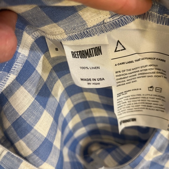 Reformation Linen Mini Sundress adjustable straps Blue & White checkered Size 8 - Picture 3 of 11